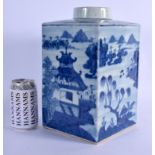 A LARGE 18TH/19TH CENTURY CHINESE BLUE AND WHITE TEA CANISTER Qing, painted with landscapes. 30 cm x