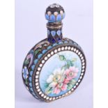 A FINE 19TH CENTURY RUSSIAN SILVER AND ENAMEL SCENT BOTTLE wonderfully painted with floral sprays an