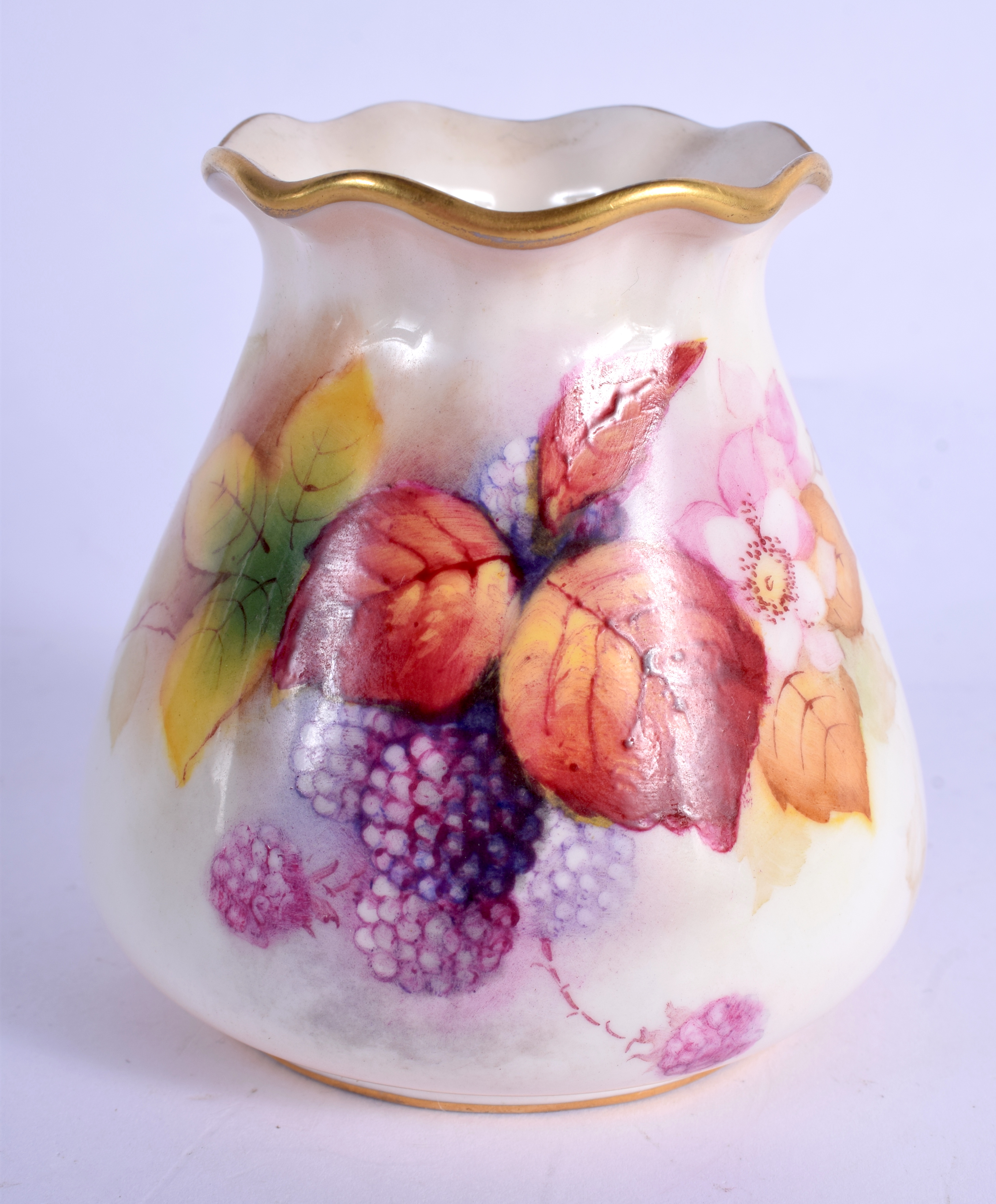 Royal Worcester sack shaped vase with pie crust rim painted with autumnal leaves and berries by Kitt