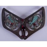 A LOVELY ART NOUVEAU SILVER PLATED ENAMELLED BELT BUCKLE. 64 grams. 20 cm x 4 cm.