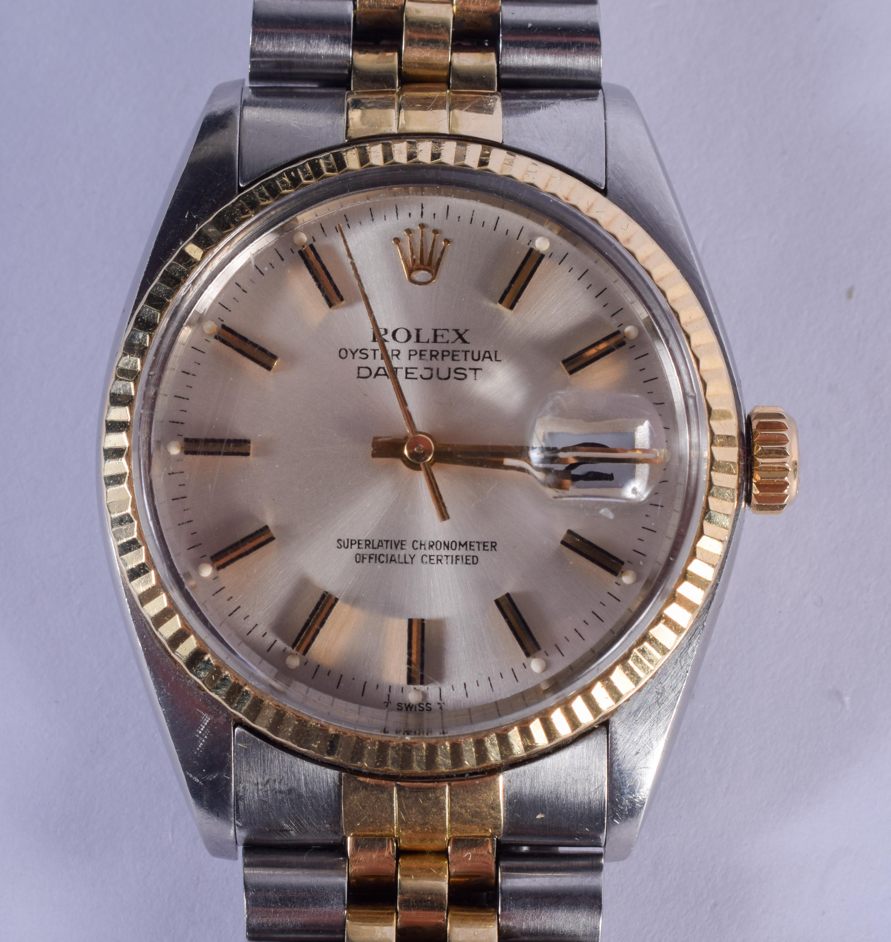 A BOXED ROLEX TWO TONE OYSTER DATE JUST WRISTWATCH. 3.5 cm wide, strap 15 cm long inc clasp.