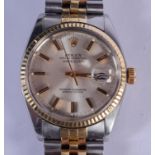 A BOXED ROLEX TWO TONE OYSTER DATE JUST WRISTWATCH. 3.5 cm wide, strap 15 cm long inc clasp.