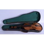 A CASED TWO PIECE BACK VIOLIN with bow. 56 cm long. (2)
