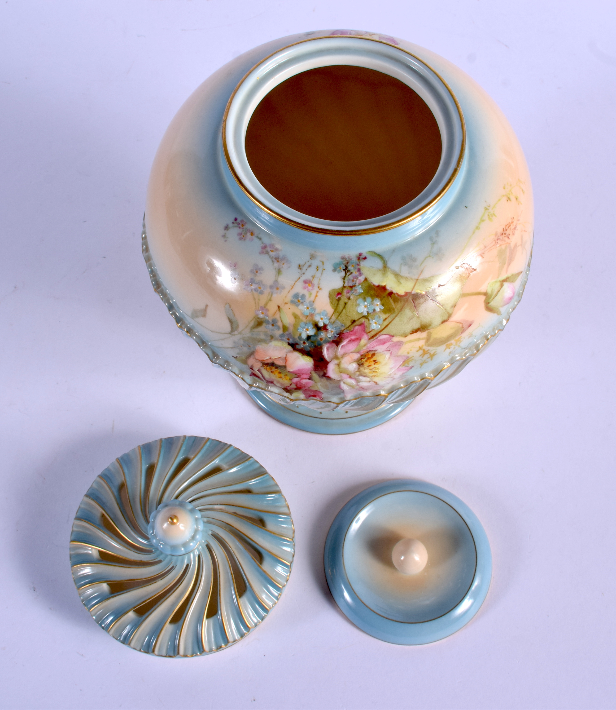 A ROYAL WORCESTER POT POURRI AND TWO COVERS painted in raised enamels with roses on a blush ivory an - Image 3 of 4