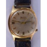A VINTAGE BOXED 18CT GOLD BULOVA ACCUTRON WRISTWATCH. Dial 48.5 grams overall. 3.25 cm wide.