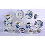18th c. Worcester blue and white study collection: a coffee cup, three saucers, four teabowls, a mas