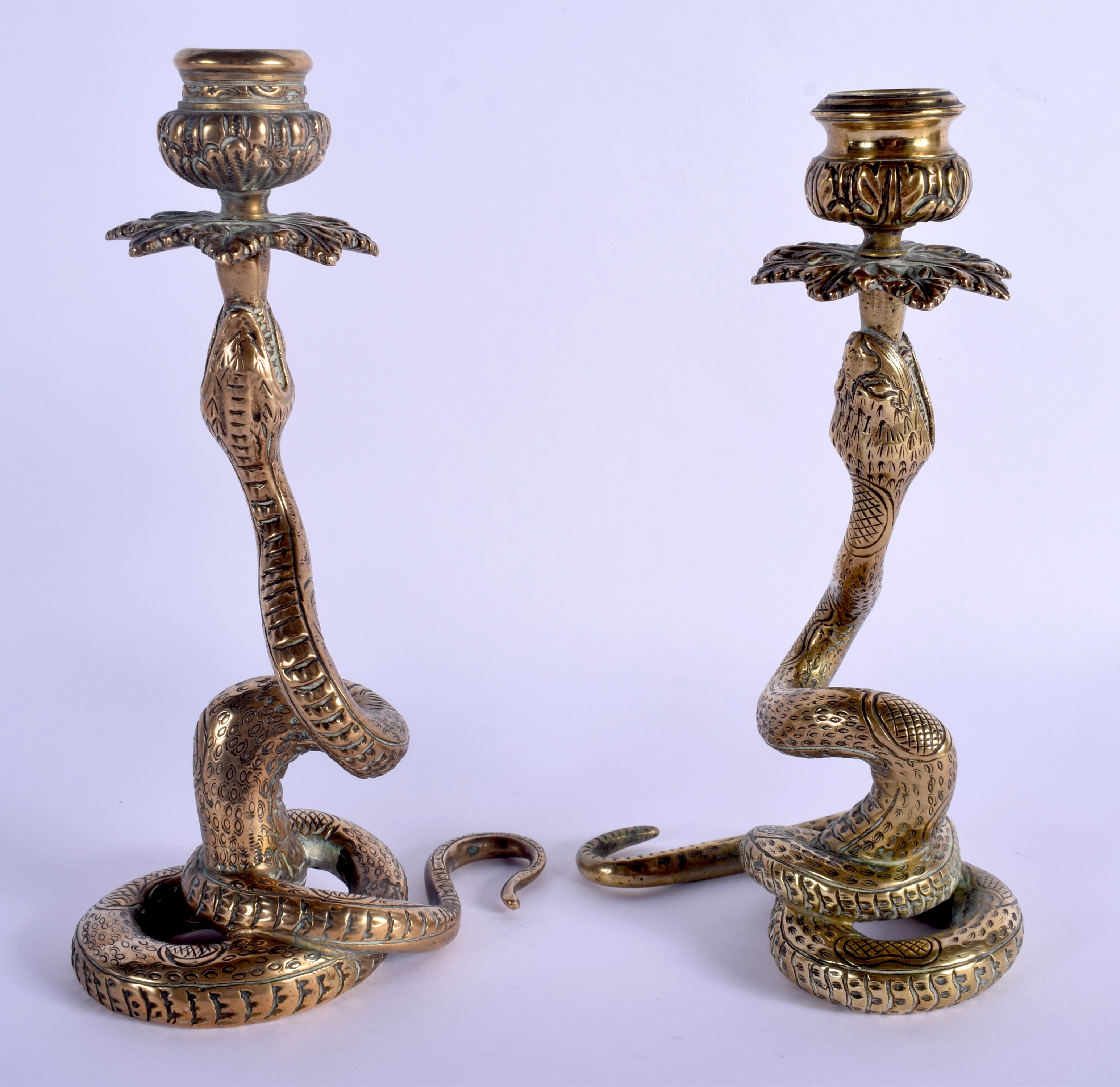 A PAIR OF 19TH CENTURY CONTINENTAL BRONZE SERPENT CANDLESTICKS possibly Indian. 23.5 cm high. - Image 2 of 3