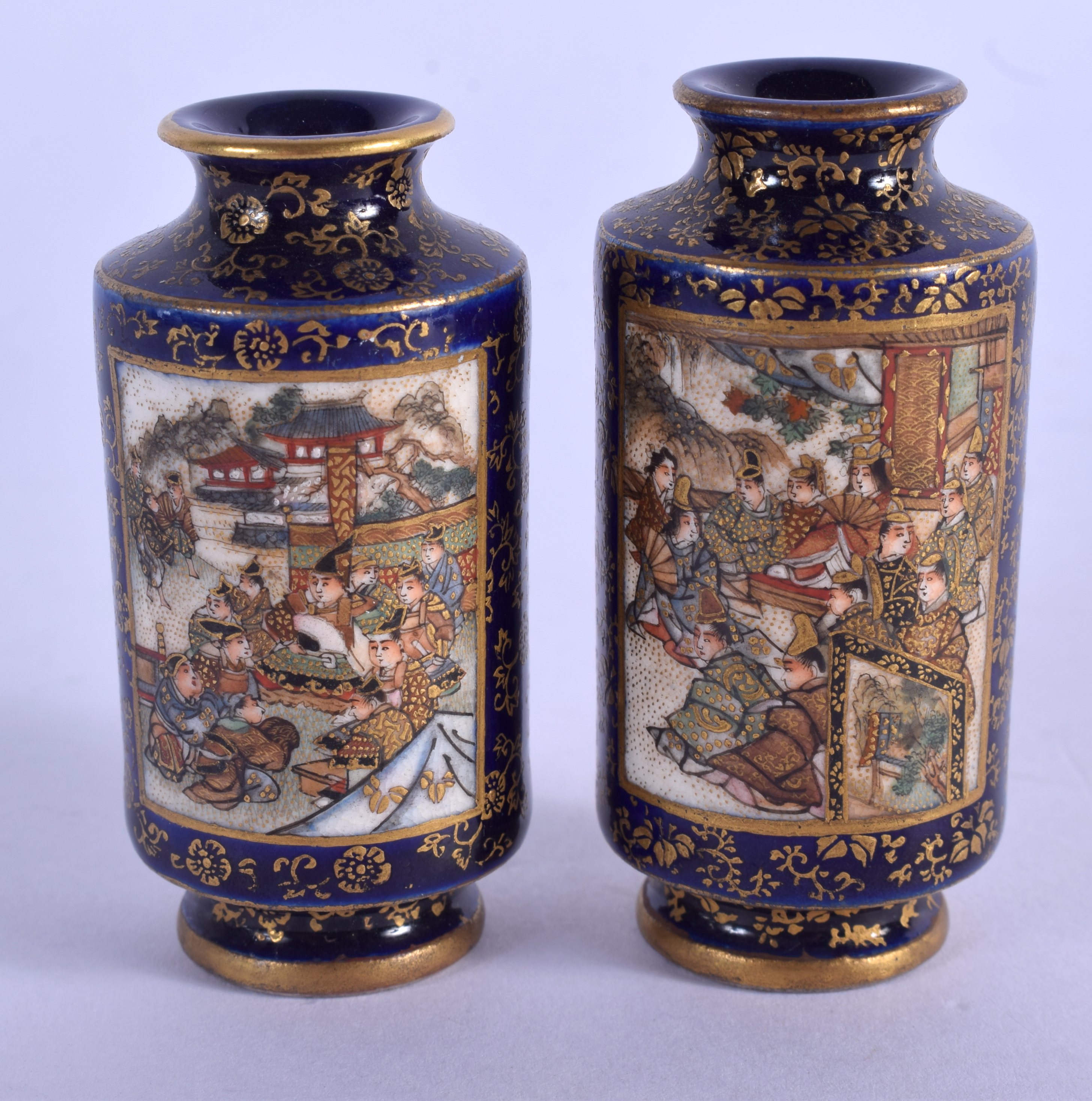 A FINE MINIATURE PAIR OF 19TH CENTURY JAPANESE MEIJI PERIOD SATSUMA VASES painted with figures. 6.75