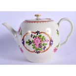 18th c. Worcester teapot and cover painted in Chinese export style with flowers in an oval panel. 2