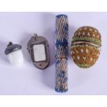 A RARE ANTIQUE BEAD WORK GOLD CASED THIMBLE HOLDER etc. (4)