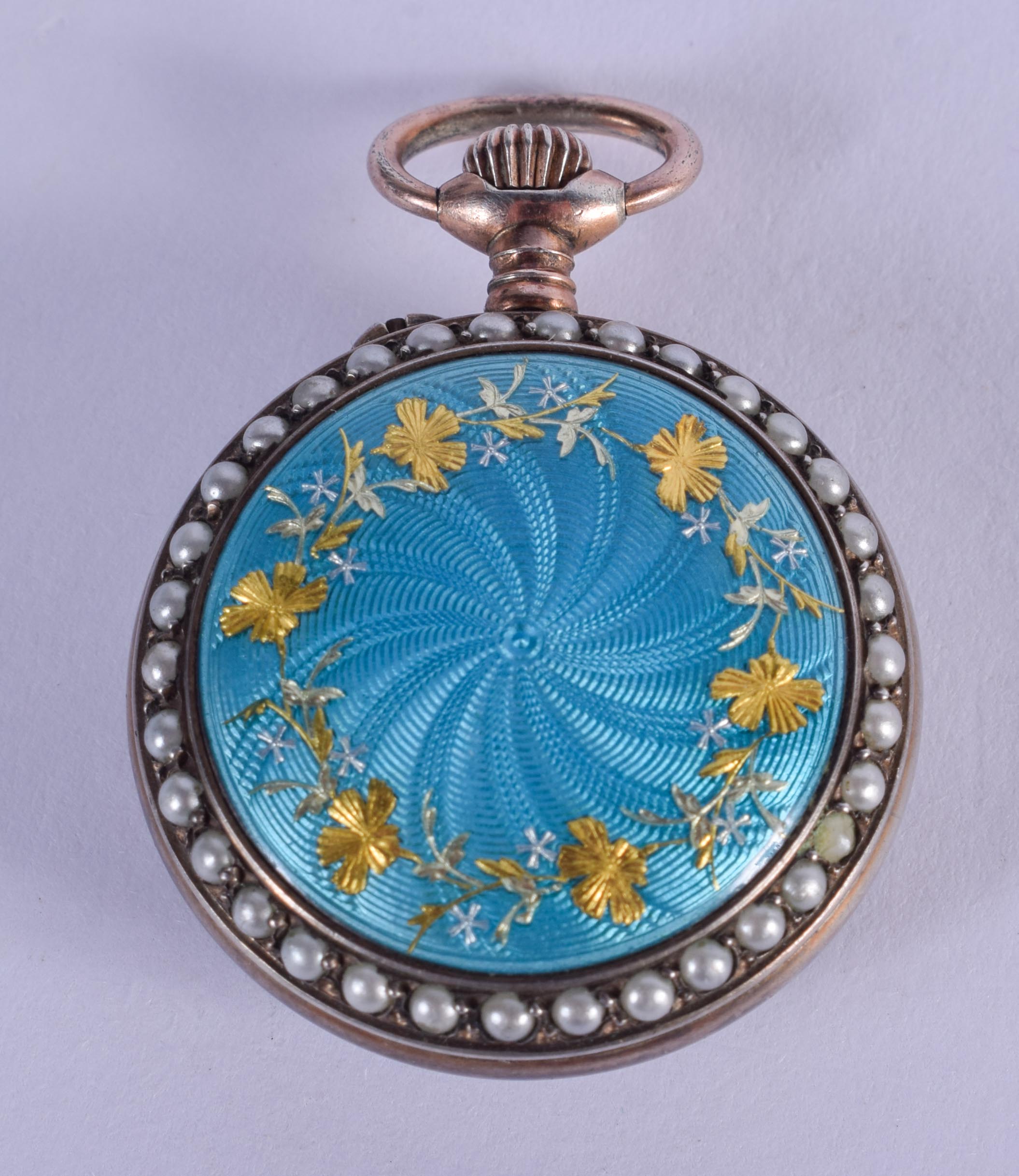 AN EDWARDIAN SILVER PEARL AND ENAMEL FOB WATCH. 18.9 grams. 2.75 diameter. - Image 2 of 3