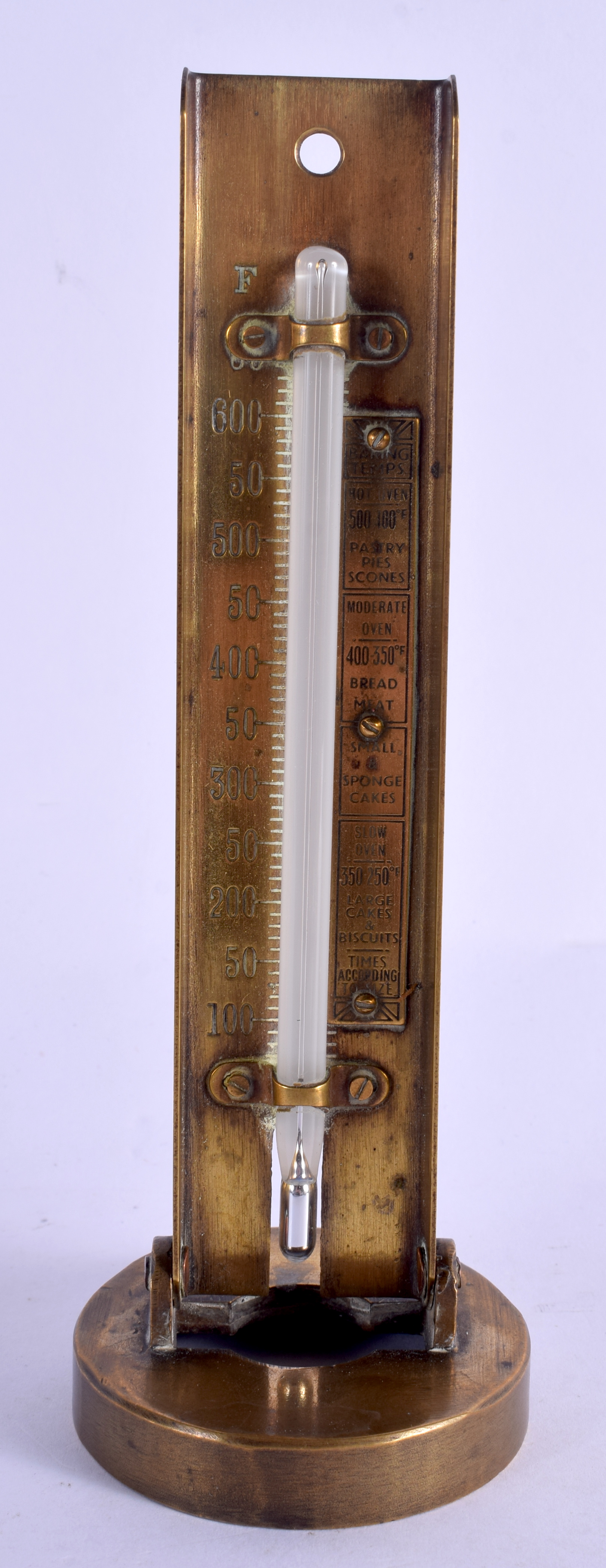 A RARE ANTIQUE BRASS BAKING TEMPERATURE THERMOMETER. 18 cm high.