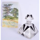 AN ART DECO CLEAR AND BLACK ENAMELLED GLASS SCENT BOTTLE together with a watercolour. Scent 15 cm x