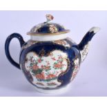 18th c. Worcester teapot and cover painted with oriental flowers in gilt panels on a blue scale grou