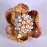 A RARE VINTAGE 18CT GOLD ITALIAN ENAMEL AND PEARL FLOWER BROOCH. 34.6 grams. 4 cm x 3.5 cm.