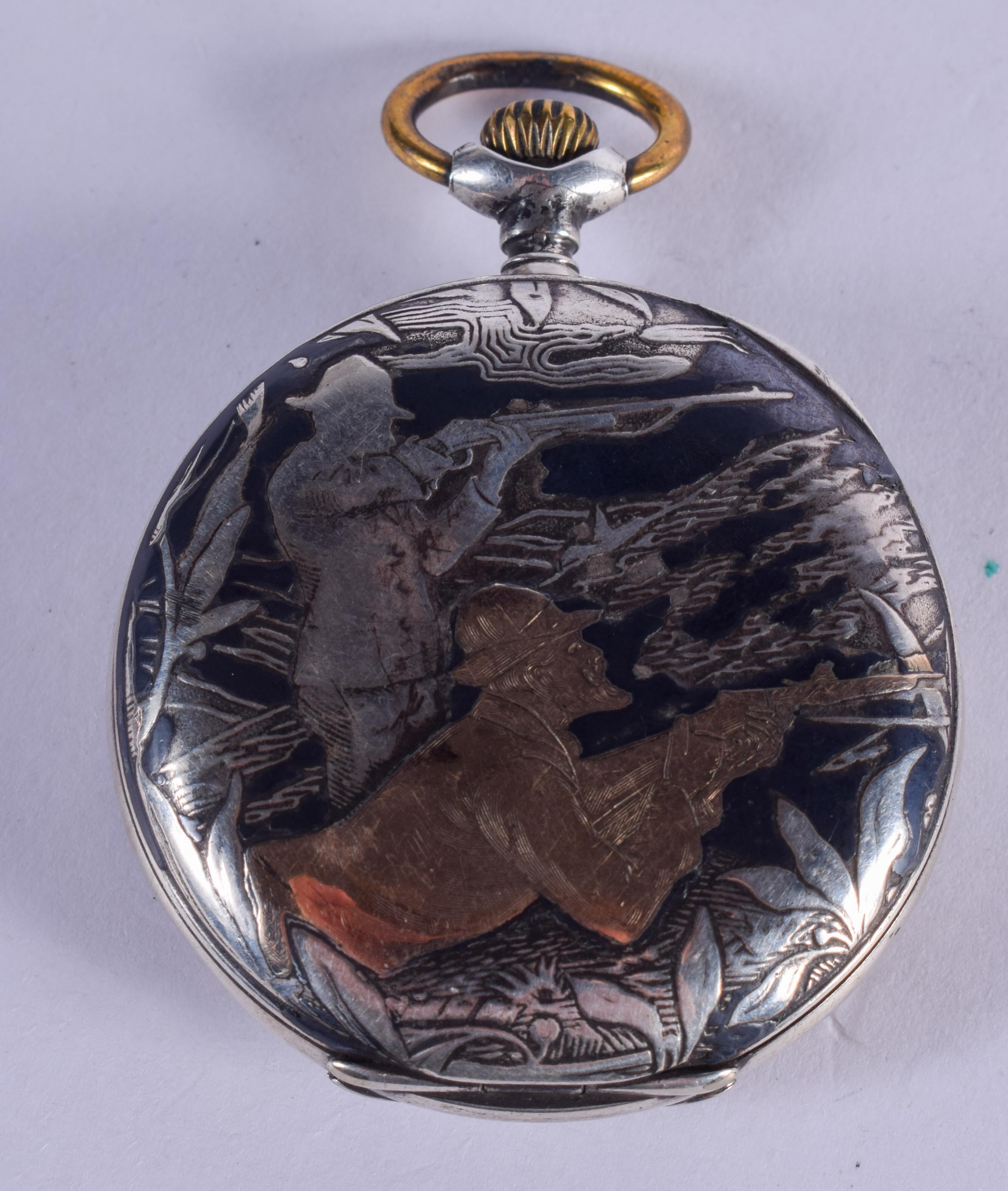 A VINTAGE SILVER NIELLO CASED HUNTING POCKET WATCH. 4.25 cm diameter. - Image 2 of 5