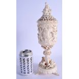 A RARE LARGE 19TH CENTURY EUROPEAN CARVED DIEPPE IVORY VASE AND COVER decorated with figures and due
