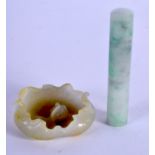 A CHINESE CARVED JADEITE TOGGLE together with a carp jade brush washer. (2)