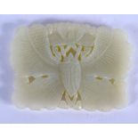 AN EARLY 20TH CENTURY CHINESE CARVED JADE MOTH PLAQUE. 6 cm x 5.5 cm.