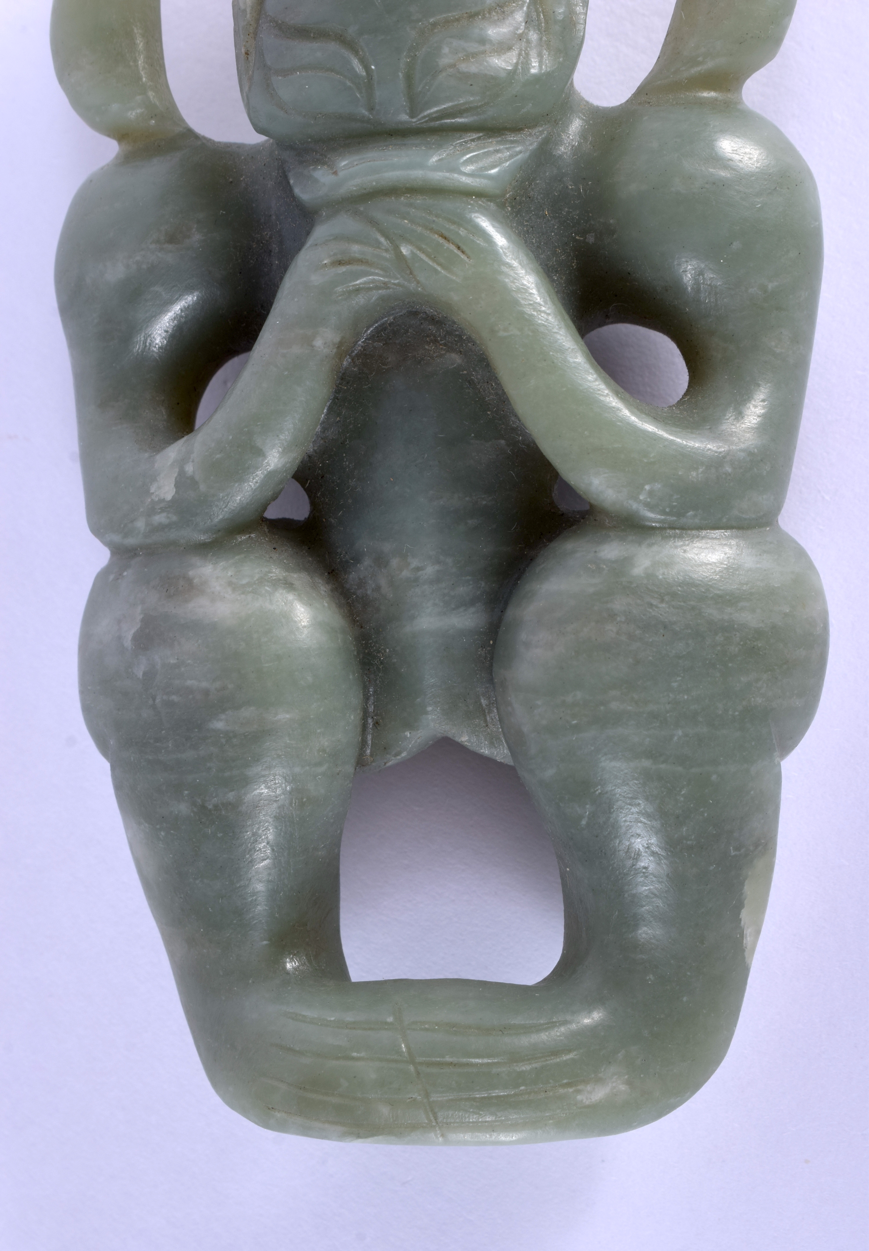 A CHINESE CARVED HONGSHAN CULTURE CARVED JADE FIGURE OF A SUN GOD possibly Neolithic period. 12 cm x - Image 9 of 11