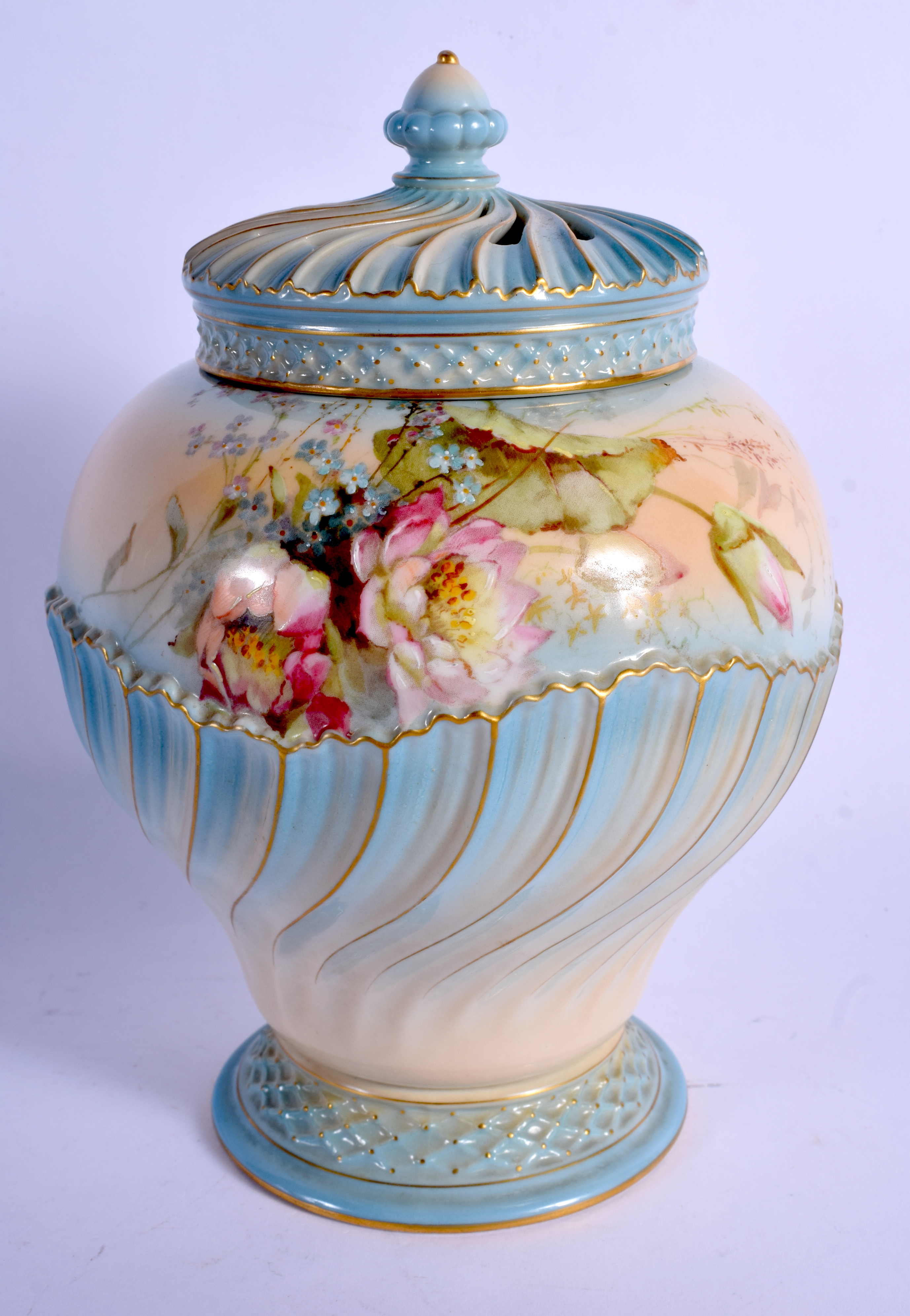 A ROYAL WORCESTER POT POURRI AND TWO COVERS painted in raised enamels with roses on a blush ivory an