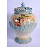 A ROYAL WORCESTER POT POURRI AND TWO COVERS painted in raised enamels with roses on a blush ivory an