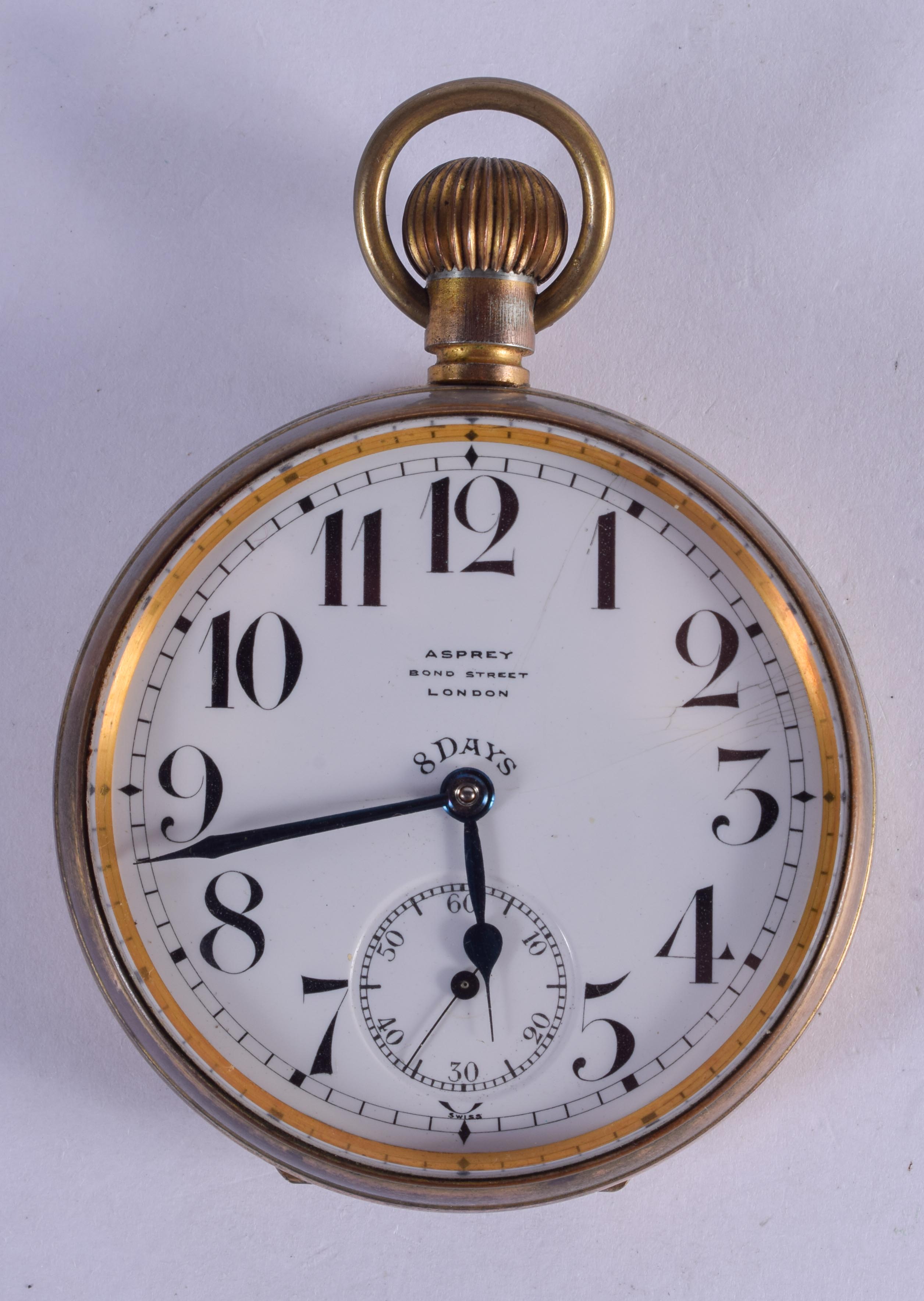 AN ASPREYS EIGHT DAY GOLIATH POCKET WATCH. 5.5 cm diameter.