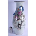 A LARGE CHINESE REPUBLICAN PERIOD FAMILLE ROSE VASE by Jin Wen, painted with birds and flowers. 58 c
