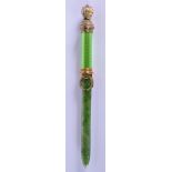AN UNUSUAL CONTINENTAL SILVER GILT ENAMEL AND NEPHRITE LETTER OPENER. 134 grams. 24 cm long.