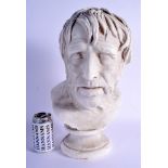 A 19TH CENTURY EUROPEAN PLASTER BUST OF A SCHOLARLY MALE. 40 cm x 15 cm.