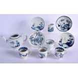 18th c. Liverpool blue and white study collection: a coffee can, four coffee cups, four saucers and