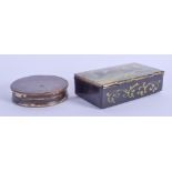 A VICTORIAN PAPIER MACHE BOX and another. Largest 10 cm x 6 cm. (2)