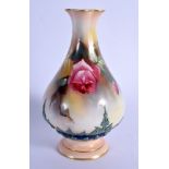 Royal Worcester vase in Hadley style with coloured clays painted with roses dated 1907. 16.5cm high