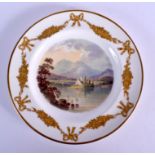 Late 19th c. Derby King Street plate painted with a loch scene with ruins and swans by Edwin Prince