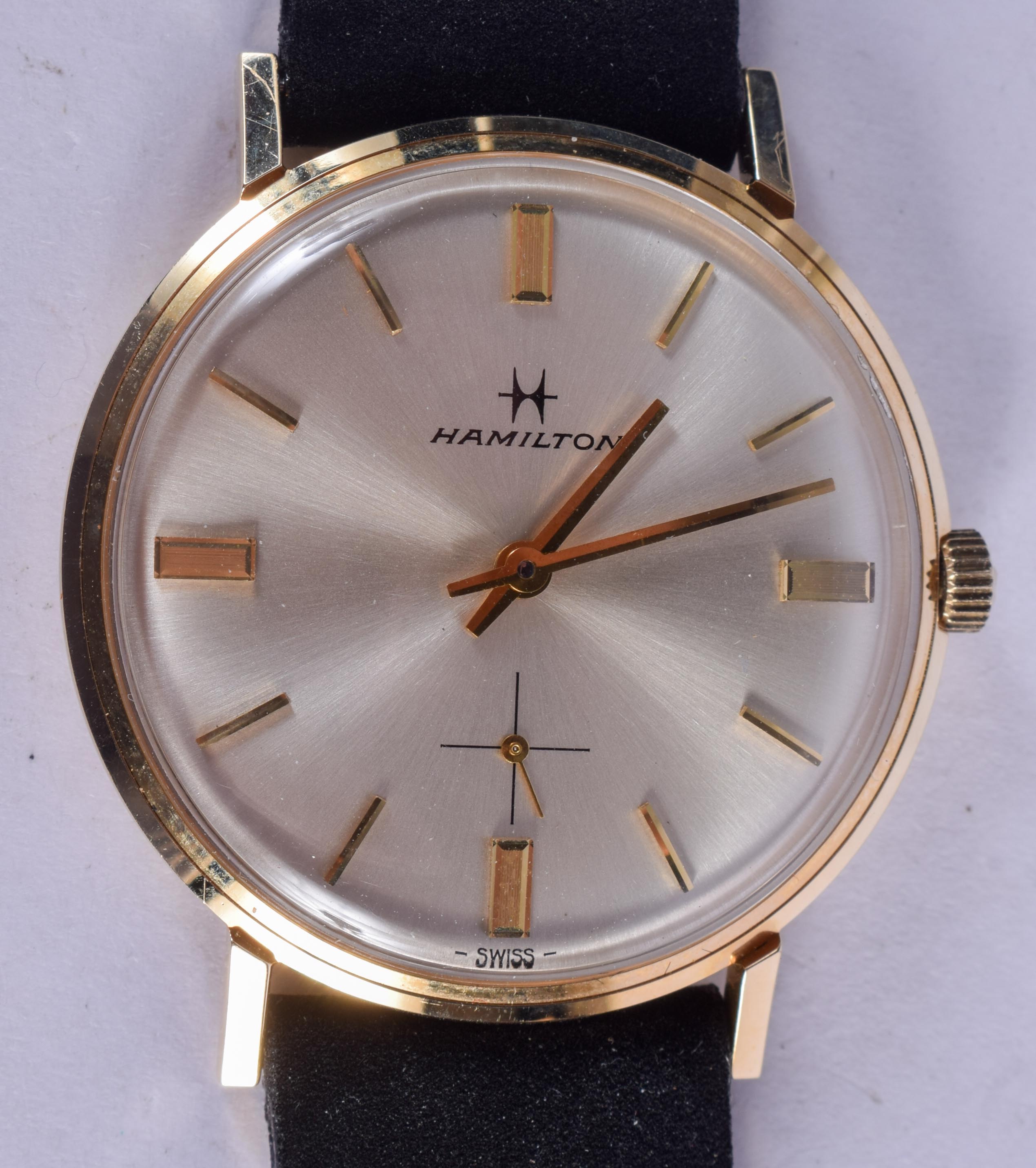 A 14CT GOLD HAMILTON WRISTWATCH. 3 cm diameter.