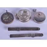 AN ANTIQUE SILVER TAPE MEASURE together with a novelty owl tape measure etc. (5)