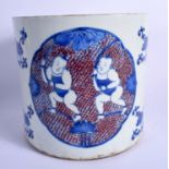 A LARGE CHINESE PORCELAIN BRUSH POT 20th Century, painted with the hehe erxian twins. 18 cm x 16 cm.