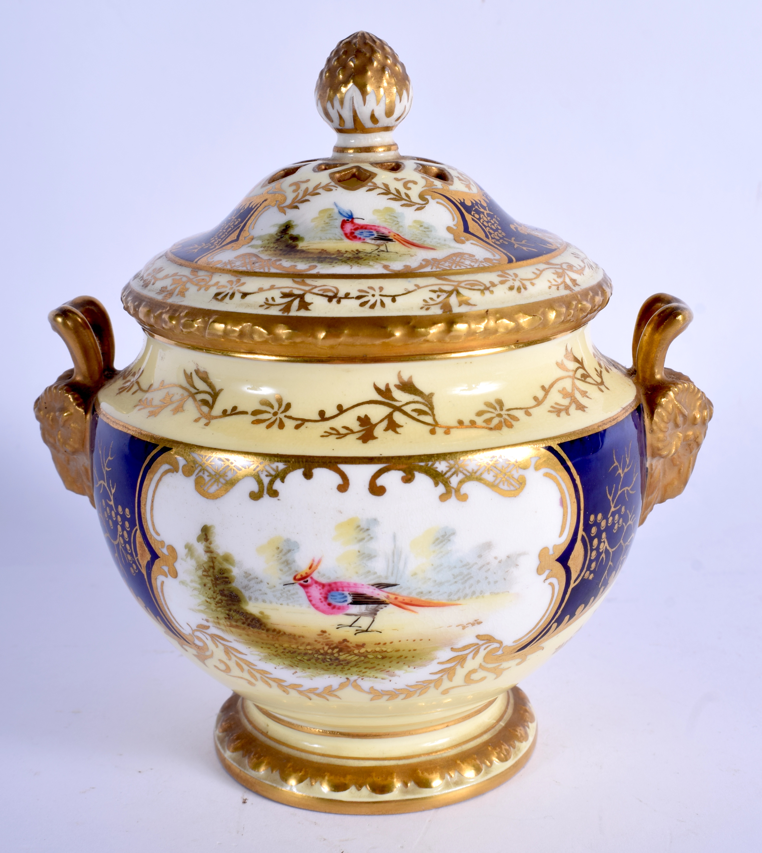 Late 19th/Early 20th c. Coalport pot pourri vase and cover painted with four panels each having a bi - Image 2 of 4