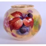 Royal Worcester spirally moulded globular vase painted with autumnal leaves and berries by Kitty Bla