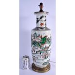 A LARGE 19TH CENTURY CHINESE FAMILLE VERTE PORCELAIN ROULEAU VASE Kangxi style, converted to a lamp.