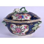18th c. Worcester blue scale tureen cover and stand painted with colourful flowers in ornate gilded