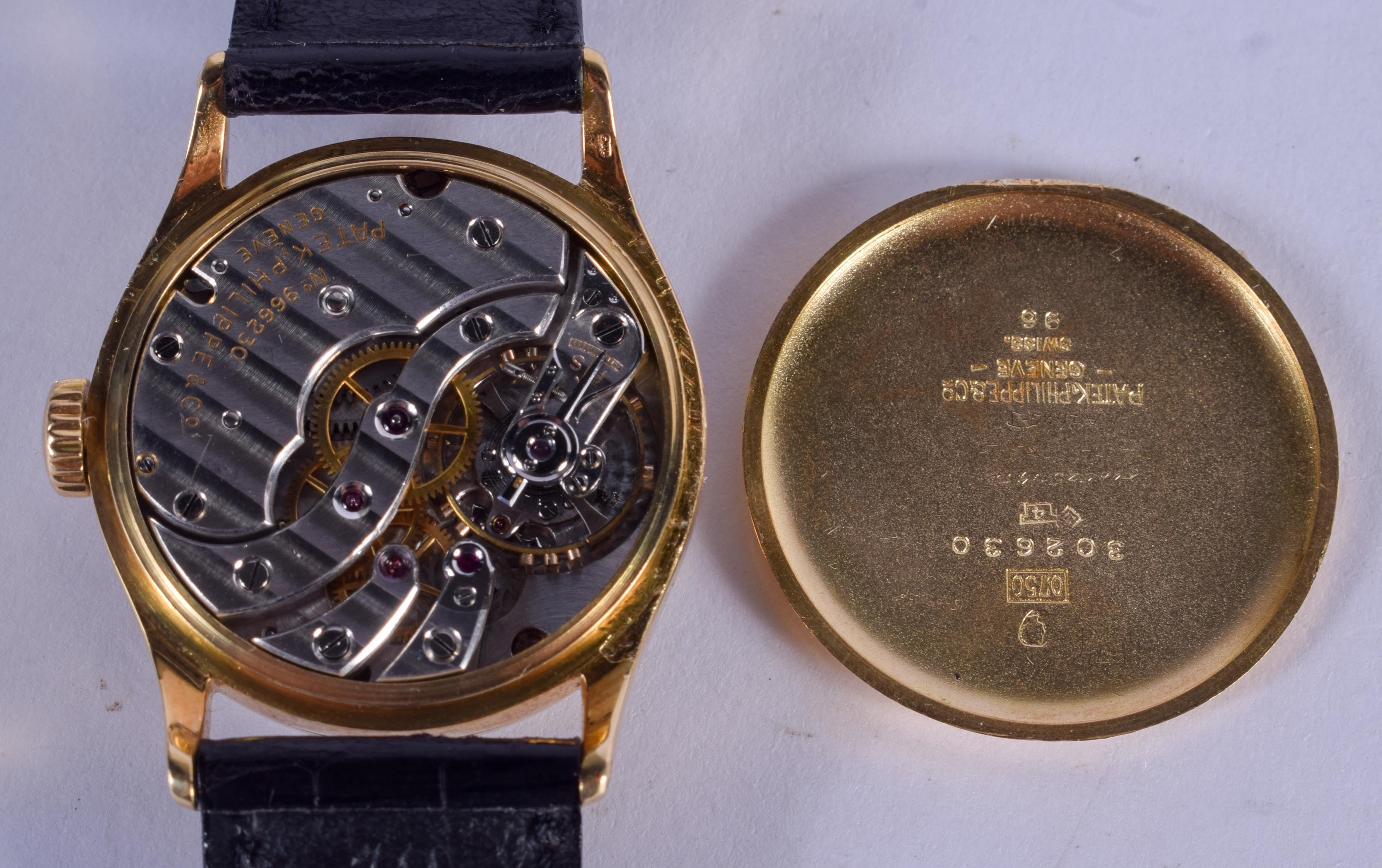 A RARE 18CT GOLD PATEK PHILIPPE BLACK DIAL WRISTWATCH with 18ct gold strap. Dial 3 cm diameter, Stra - Image 3 of 16