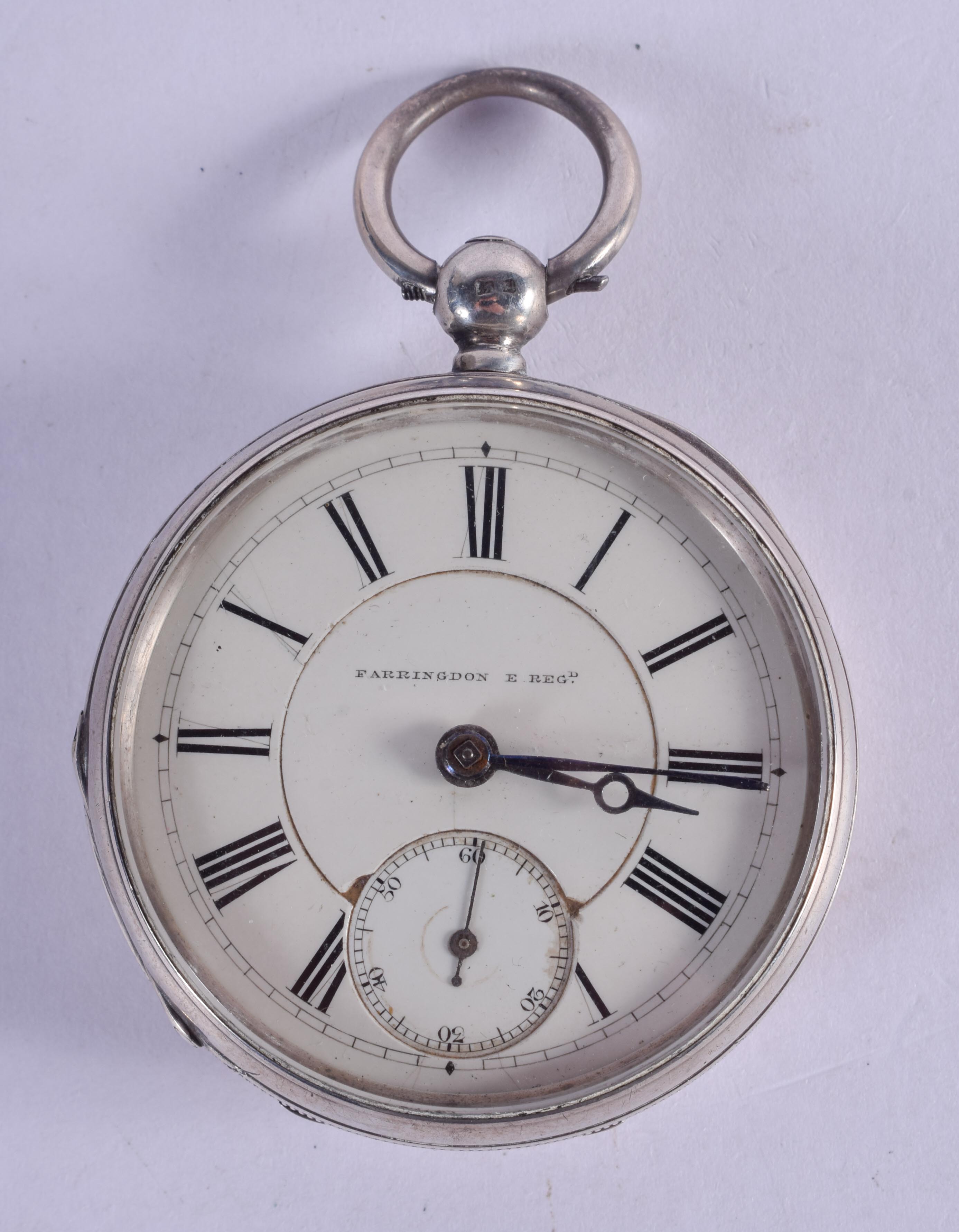 AN ANTIQUE SILVER POCKET WATCH. 5.25 cm diameter.