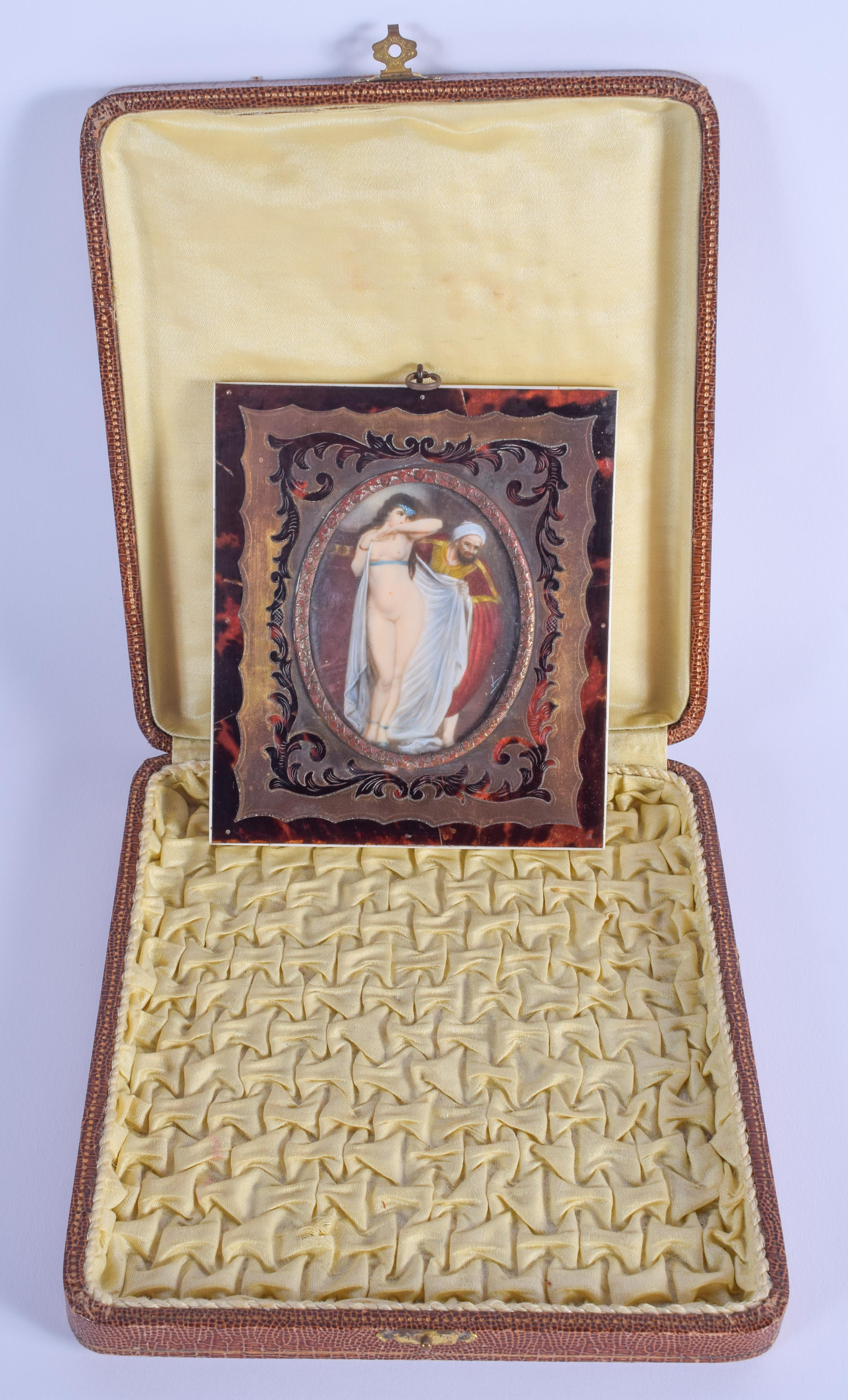 AN ANTIQUE CONTINENTAL PAINTED IVORY PORTRAIT MINIATURE within a Boulle frame. Image 8.5 cm x 6.5 cm - Image 3 of 10