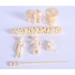 A 19TH CENTURY CHINESE CANTON IVORY NEEDLE HOLDER together with Indian ivory figures. (7)