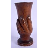 A RARE PITCAIRN ISLANDS CARVED WOOD VASE formed with an open hand. 19 cm high.