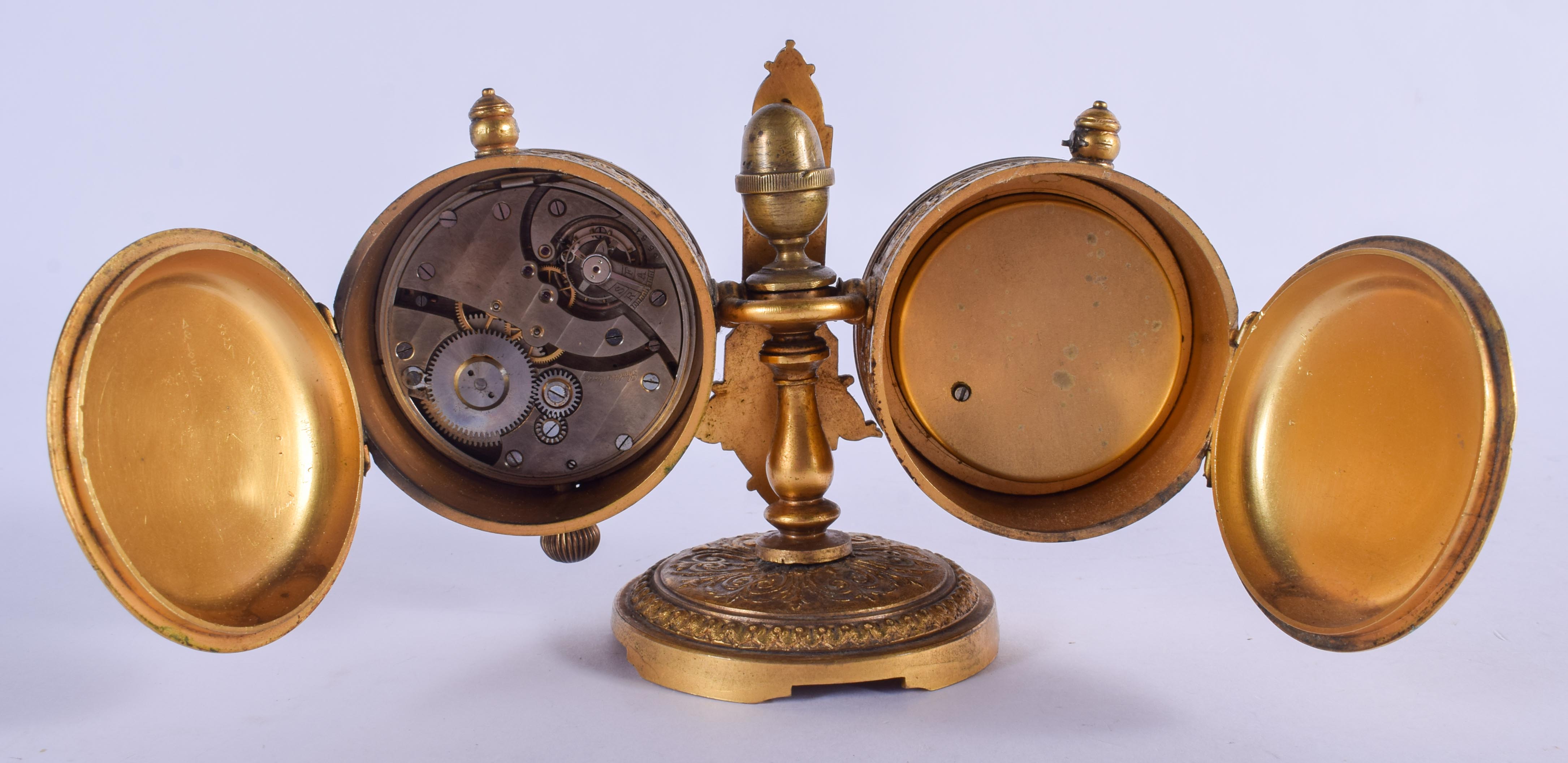 A 19TH CENTURY EUROPEAN GILT METAL CASED BAROMETER CLOCK DESK STAND. 15 cm x 11 cm. - Image 3 of 5