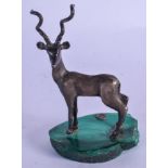 A CONTINENTAL SILVER AND MALACHITE DEER. 177 grams. 8 cm x 10 cm.