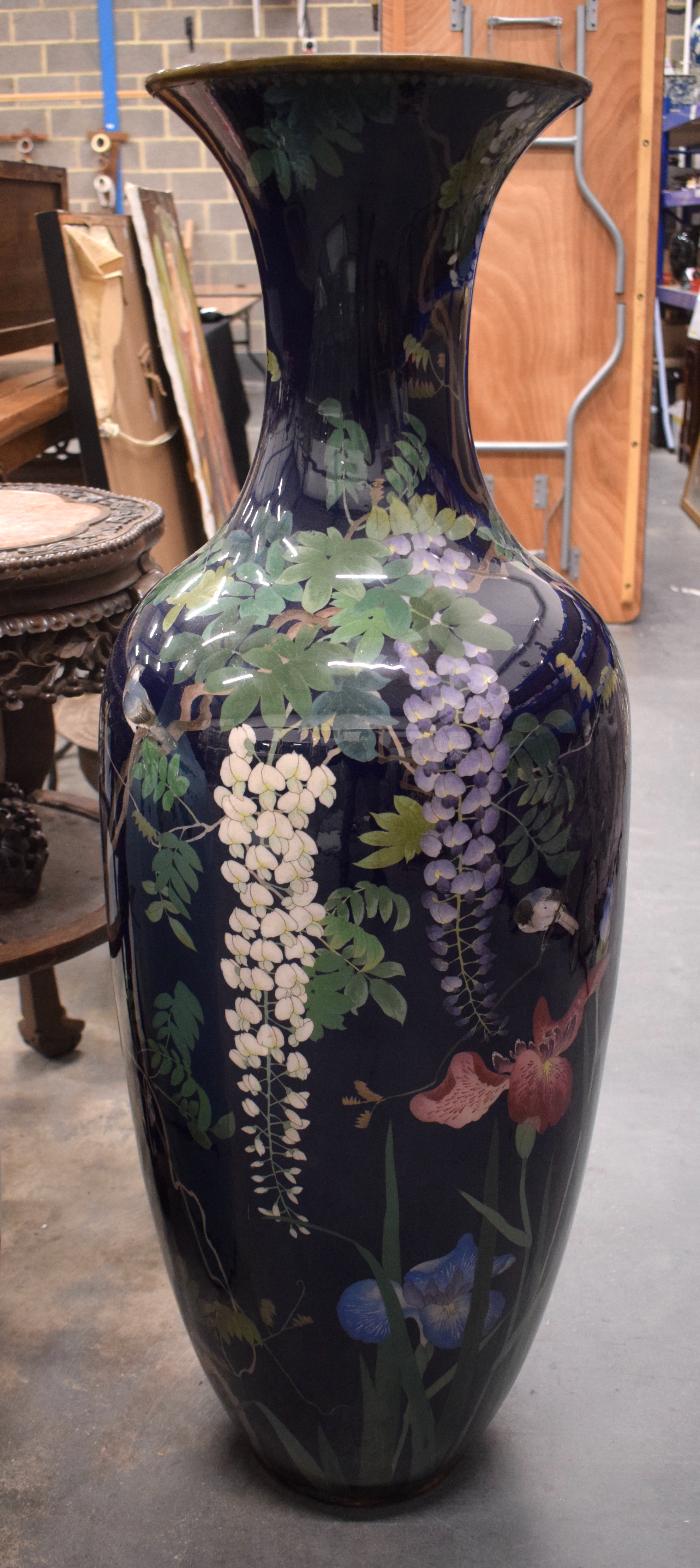 A VERY LARGE 19TH CENTURY JAPANESE MEIJI PERIOD CLOISONNE ENAMEL VASE decorated with birds and flowe