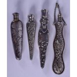 FOUR EARLY 20TH CENTURY CONTINENTAL SILVER SCENT BOTTLES. 93 grams. Largest 9 cm high. (4)
